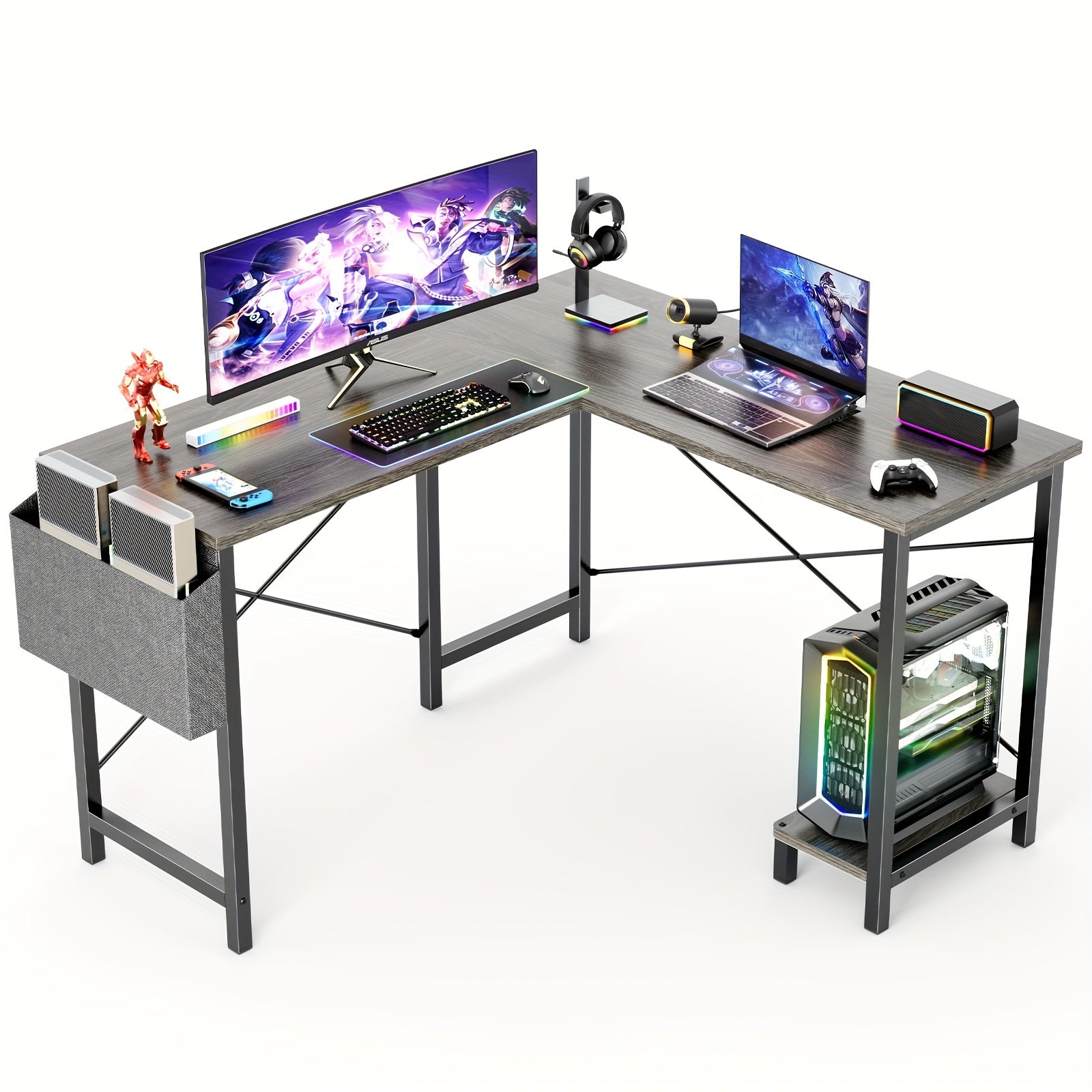 Office Shared Space 50Inch L Shaped Computer Desk - Gaming Table Corner Desk PC Writing Desk Study Desks with Wooden Desktop CPU Stand Side Bag Reversible for Home Office Dorm Small Space