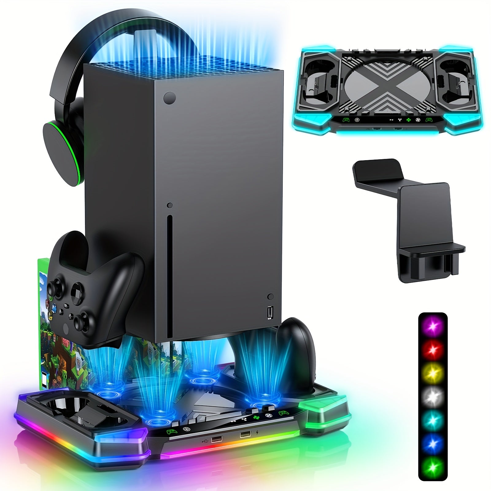 Cooling Stand Charging Station For Xbox Series X Console And Controller, Cooling Fan Charger Dock Accessory For Xbox Series X With 11 RGB Lighting Modes, Game Storage