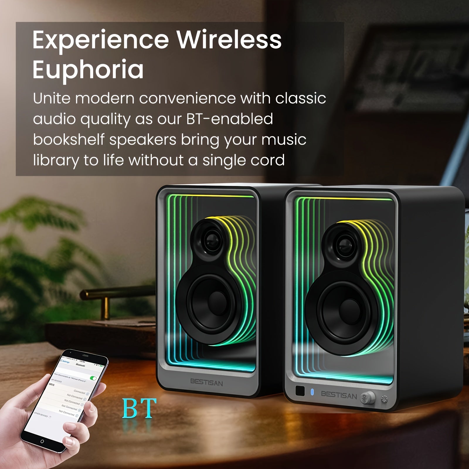 BESTISAN SR15 BT Bookshelf Home Speakers, Active Stereo Speakers for TV/Record Player with Subwoofer Out and Light Effects, Turntable Speakers with Optical/ARC/RCA Inputs for PC and TVs