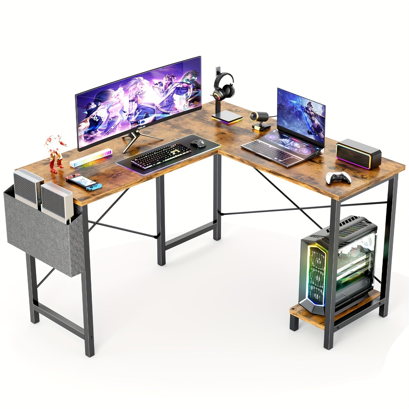 Office Shared Space 50Inch L Shaped Computer Desk - Gaming Table Corner Desk PC Writing Desk Study Desks with Wooden Desktop CPU Stand Side Bag Reversible for Home Office Dorm Small Space