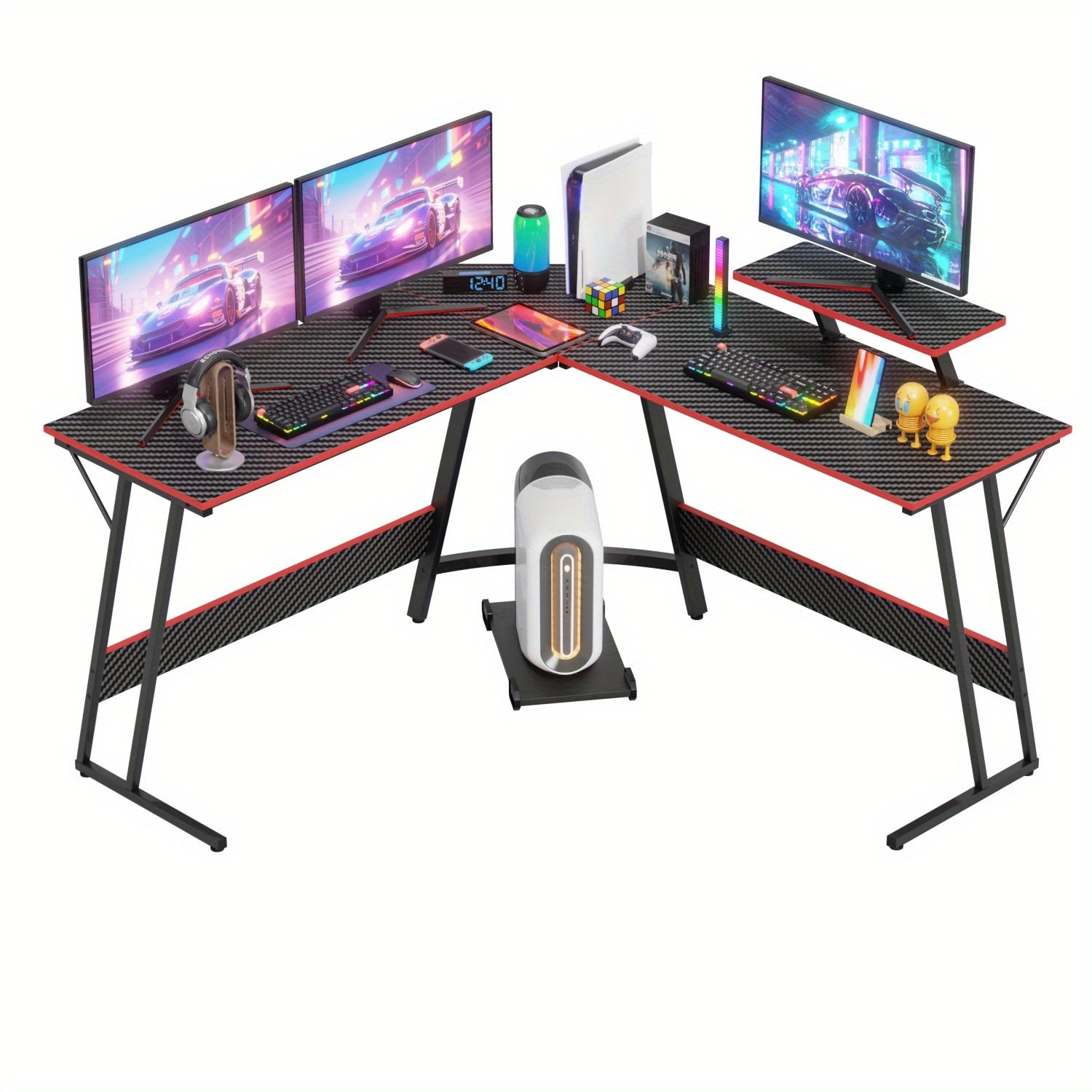 51 Inch Gaming Desk L Shaped Desk Corner Computer Desk Black Pink Desk with Large Monitor Stand Carbon Fiber Surface, Modern Design Suitable for Office And Workspace, Game Room