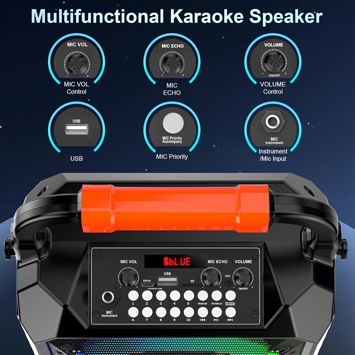 Hot-selling Model In 2025, with 2 Wireless Microphones, RGB Atmosphere Lighting, BT Speaker, Support USB/TF/AUX, Portable, Portable Speaker, Home, Outdoor, Holiday Gift, JYX Brand.