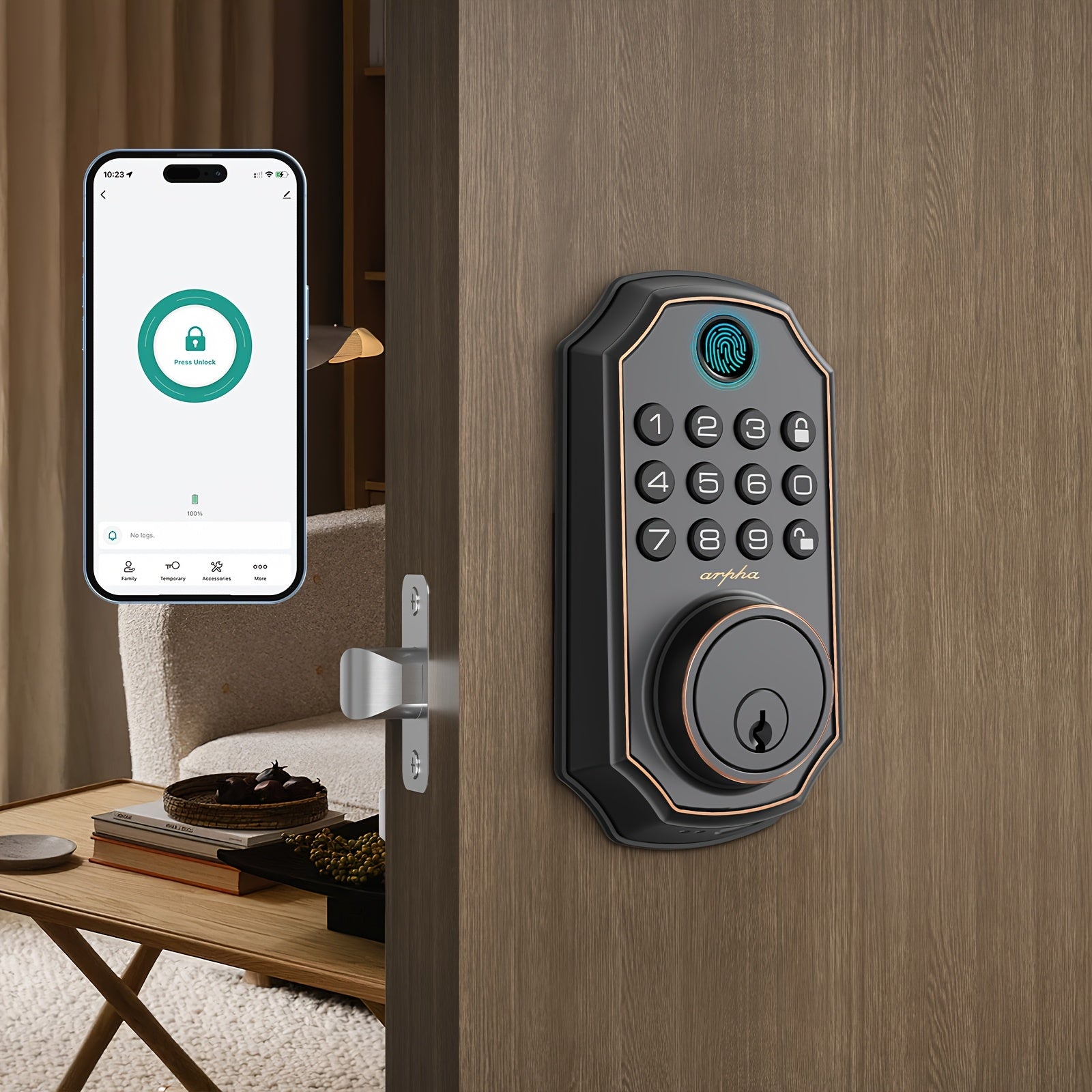 Arpha Smart Keyless Entry Door Lock - 100 Code Anti-Peek Combination, Auto Lock/Unlock, Easy Installation, Black & Orange, Low Battery Alarm, for Secure Home Access, Anti-Peeking, Smart Door Lock, One Touch Lock, Strong and H