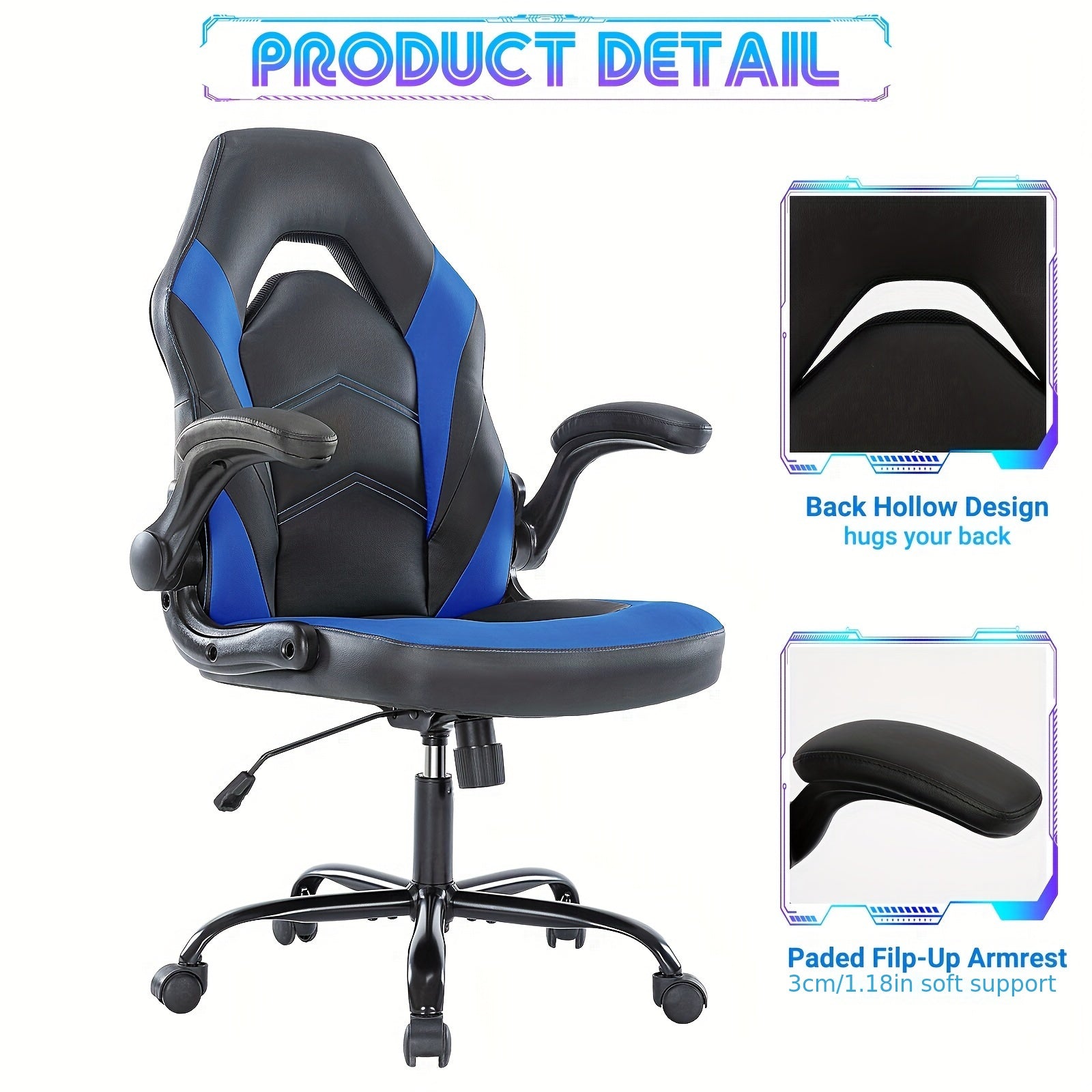 Ergonomic Computer Gaming Chair, Home Office Desk Chair with Faux Leather Lumbar Support, Height Adjustable Gaming Chair, Big and Tall Video Game with Flip-up Armrest, Swivel Wheels for Adults and Teens