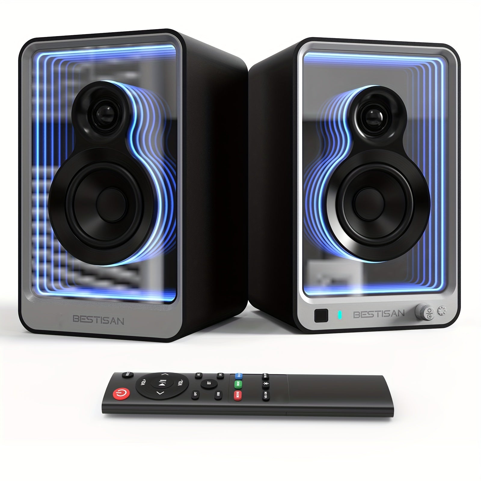 BESTISAN SR15 BT Bookshelf Home Speakers, Active Stereo Speakers for TV/Record Player with Subwoofer Out and Light Effects, Turntable Speakers with Optical/ARC/RCA Inputs for PC and TVs