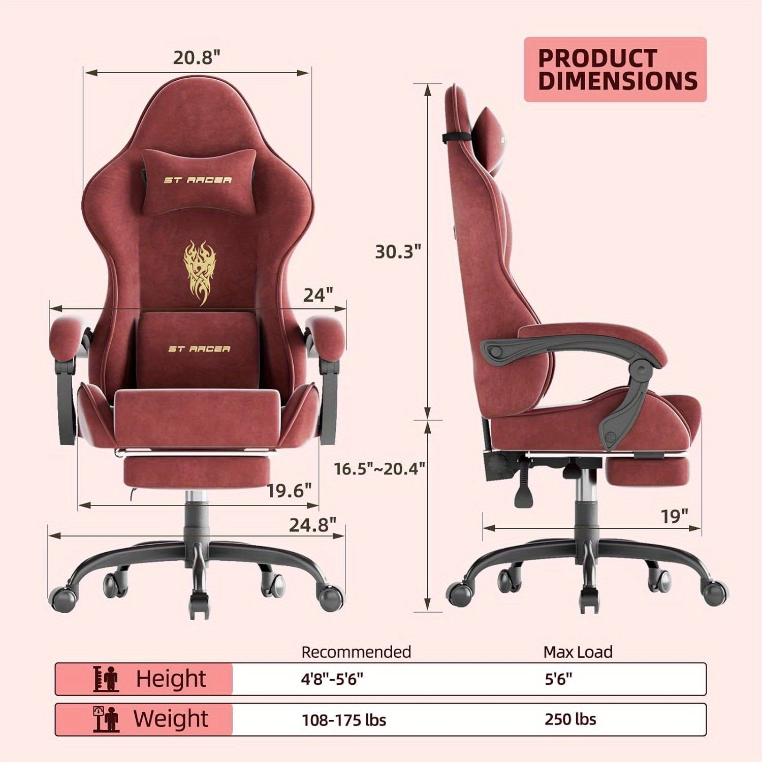 STRACER Velvet Fabric Gaming Chair With Footrest High Back Ergonomic Gamer Chair With Headrest And Massage Lumbar Cushion Racing Reclining Video Game Chair