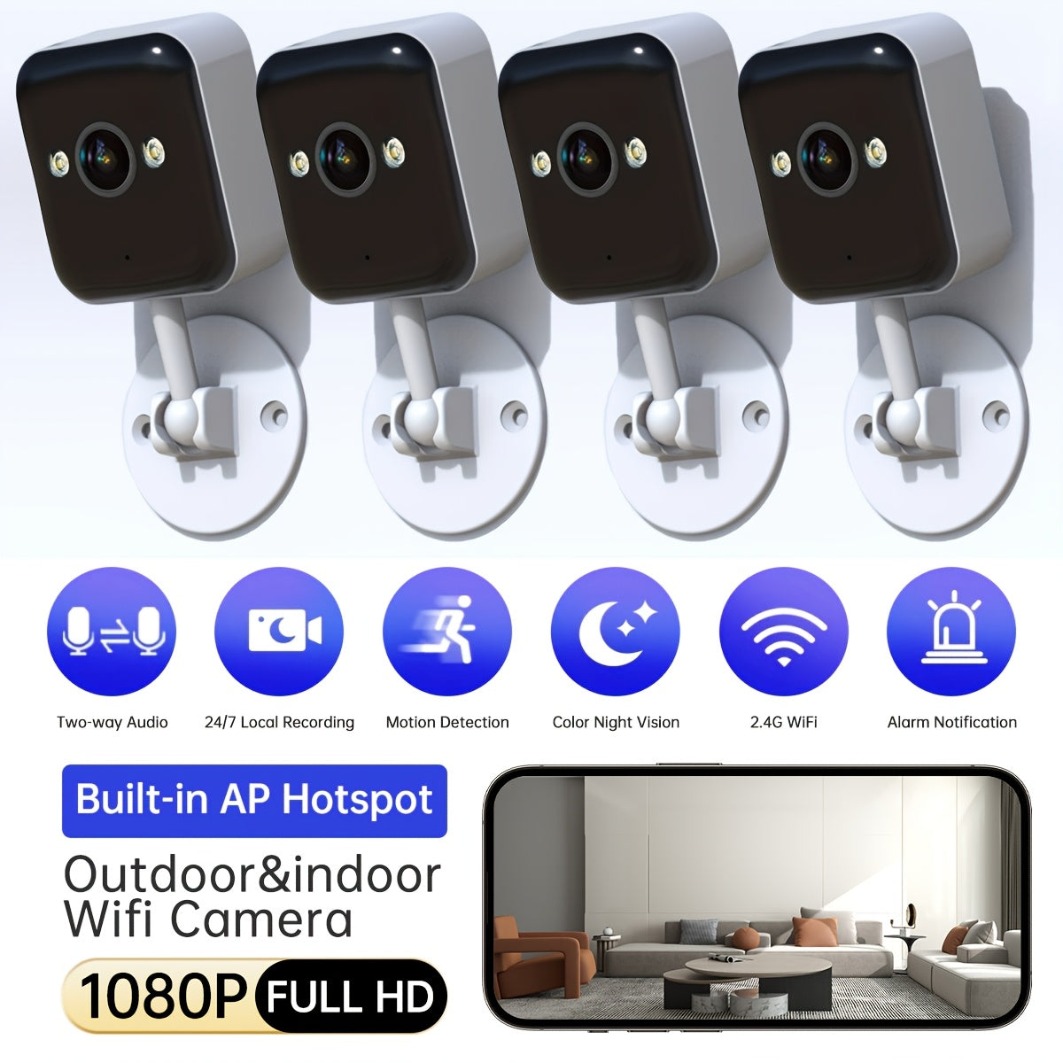 1080P Full HD Wireless Surveillance Camera, Full-Color Night Vision, Two-Way Voice Call, Motion Detection, Built-in AP Hotspot, Can Be Viewed Without Internet, Take Care Of Children, Elderly And Pets Safety Surveillance Camer