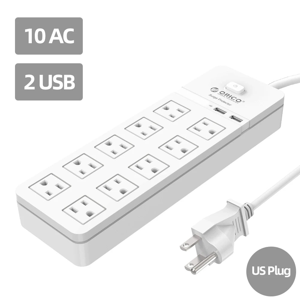 US Plug Power Strip with 10AC Outlets 2 USB Ports Extension Cable Electrical Socket For Home Office White Power Strips