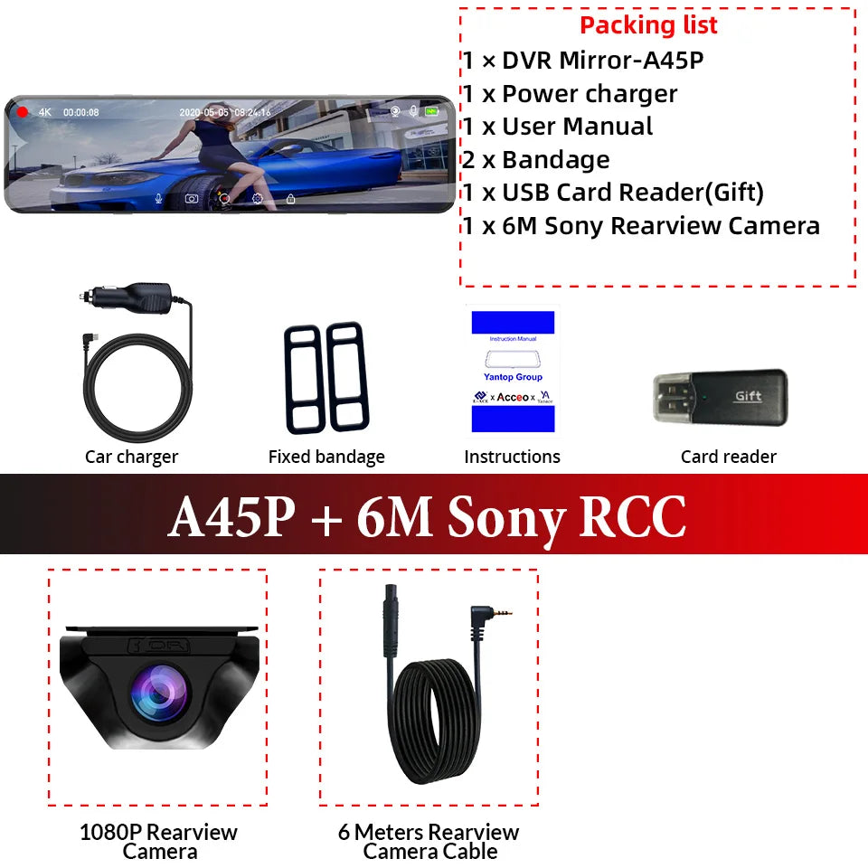 ACCEO 4K WIFI Dashcam 12Inch Car DVR RearView Mirror Recorder Dash Cam Support 1080P Sony Black Box Rear View Camera Acesssories
