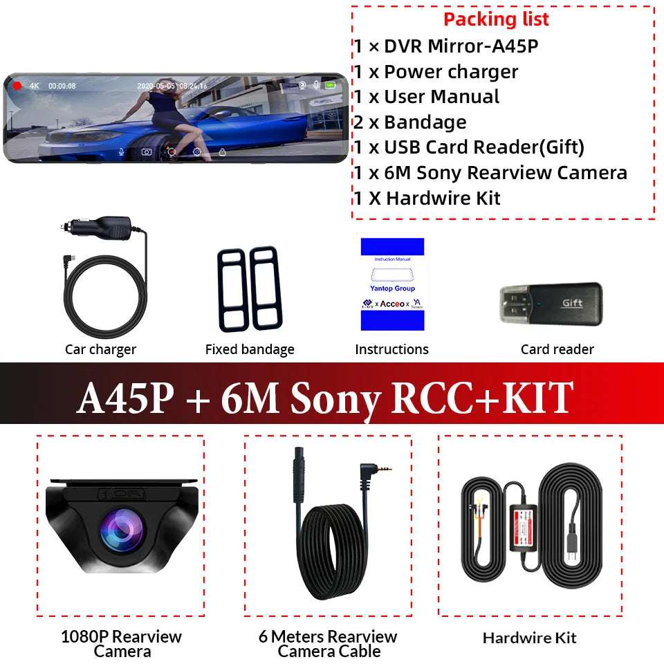 ACCEO 4K WIFI Dashcam 12Inch Car DVR RearView Mirror Recorder Dash Cam Support 1080P Sony Black Box Rear View Camera Acesssories