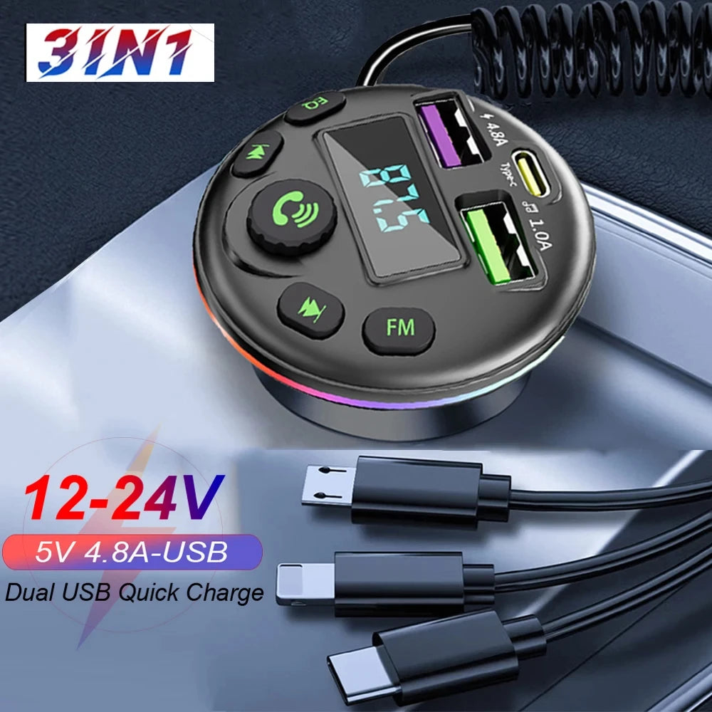 Car Bluetooth 5.0 FM Transmitter MP3 Modulator Player Handsfree Audio Receiver With 3 in 1 Charge Cable for iPhone Huawei Xiaomi