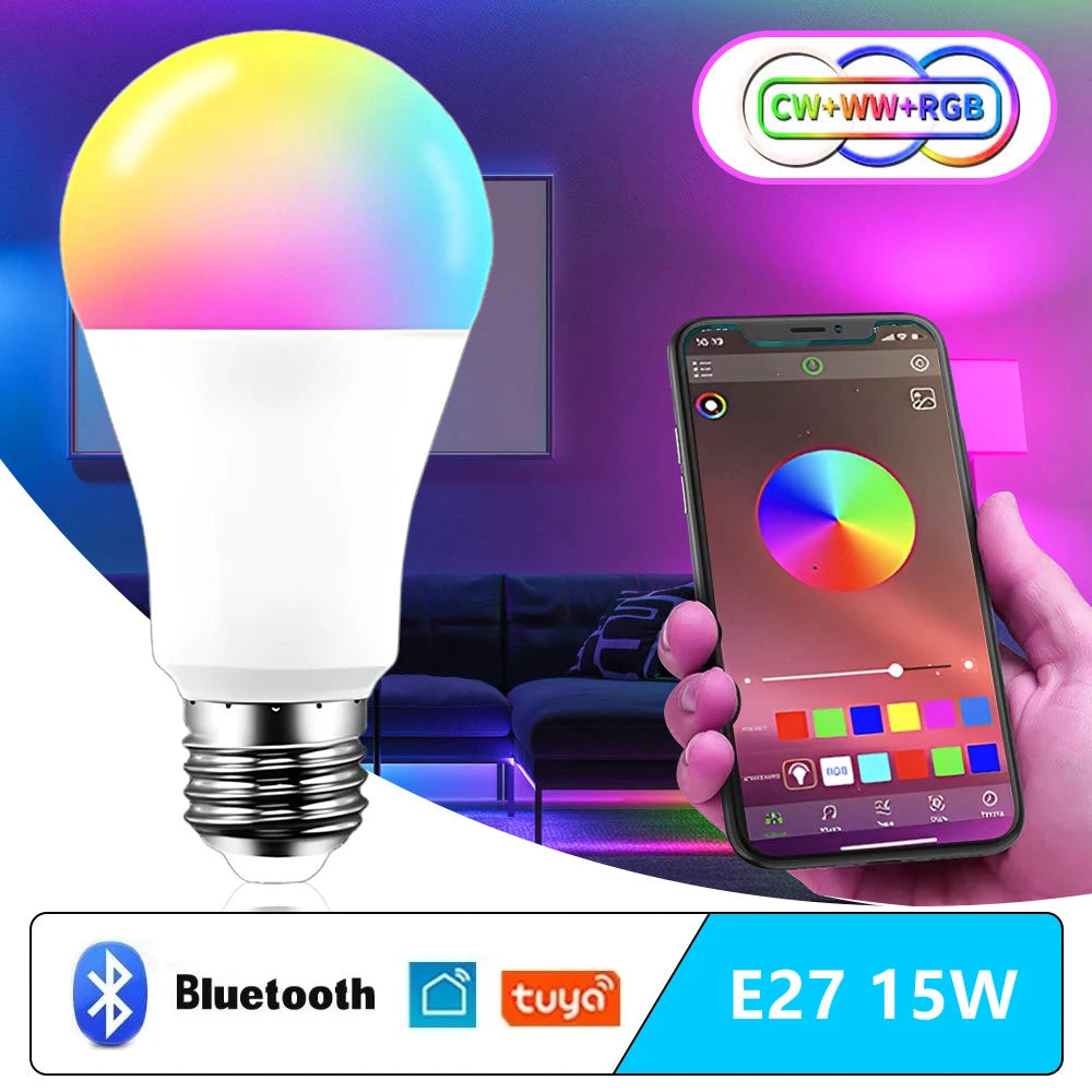 15W E27 Tuya LED Bulb Smart Life APP Control Dimmable RGB Color Ampoule LED Light Bulb Work with Home Bedroom AC 85- 265V