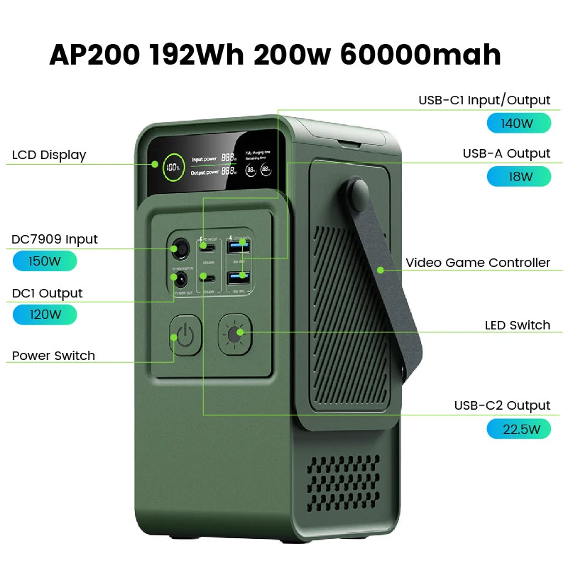 200W Power Bank 192Wh Lifepo4 Battery 60000mAh Solar Generator for Camping Portable Power Station