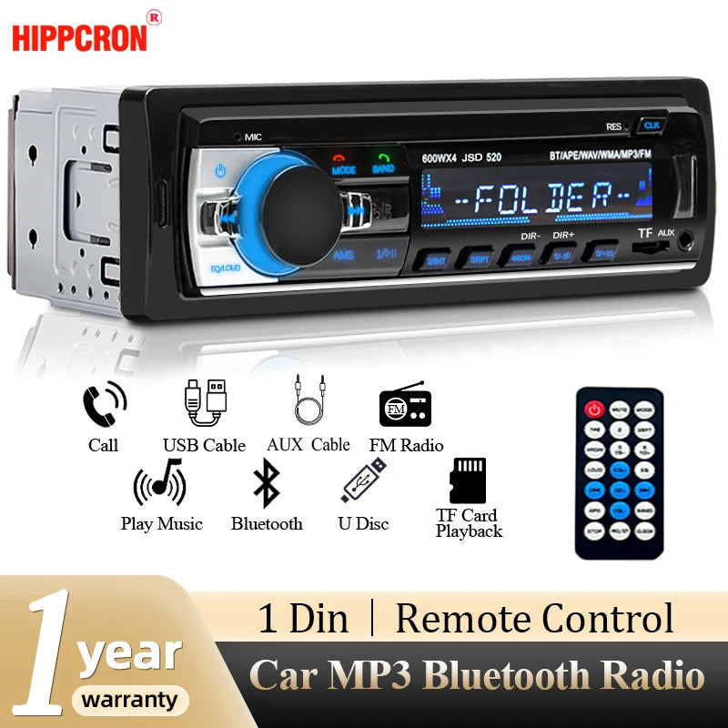 Hippcron Car Radio 1din Stereo Multimedia MP3 Player Digital Bluetooth FM Audio Music USB With In Dash AUX Input