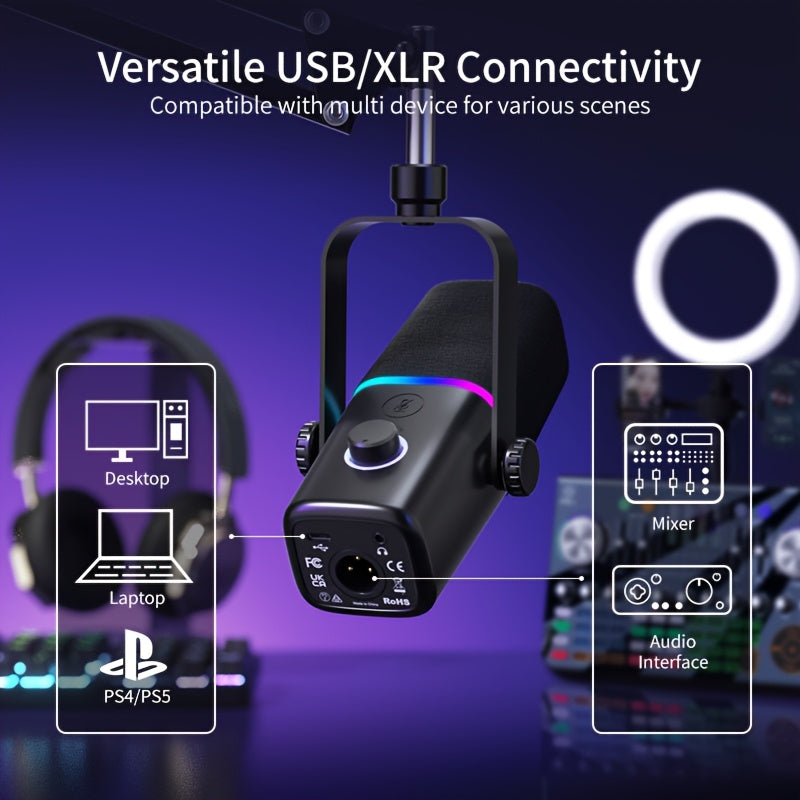 ZealSound XLR/USB Dynamic Microphone for Gaming & Podcasting – Black with RGB Light, Mute Button, Mic Gain Control, Headphones Jack, Boom Arm Stand, 8 Pin Adapter Included – Perfect for Streaming, Singing, Video Conferencing