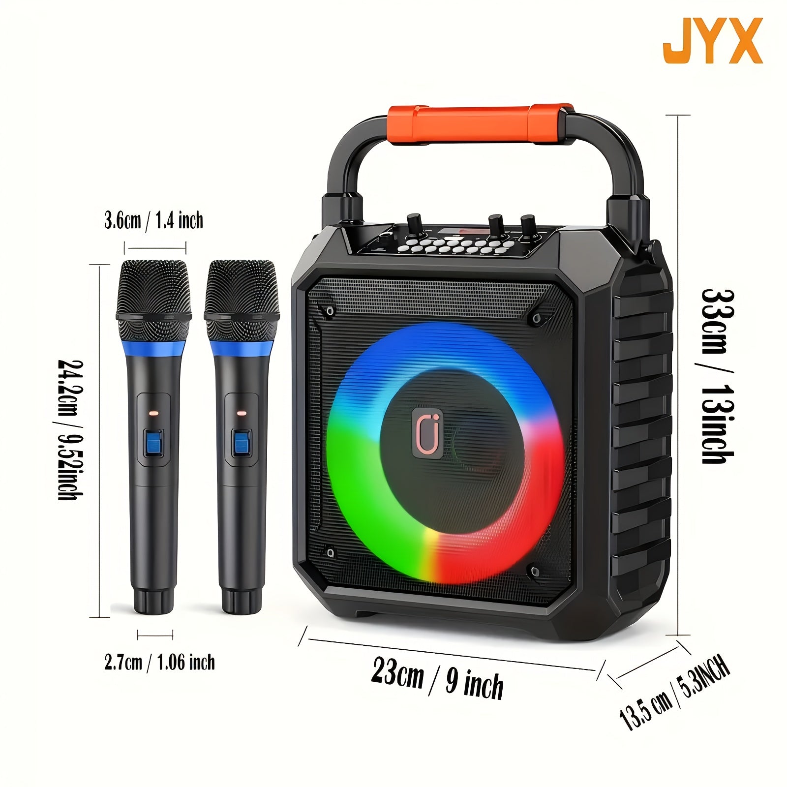 Hot-selling Model In 2025, with 2 Wireless Microphones, RGB Atmosphere Lighting, BT Speaker, Support USB/TF/AUX, Portable, Portable Speaker, Home, Outdoor, Holiday Gift, JYX Brand.