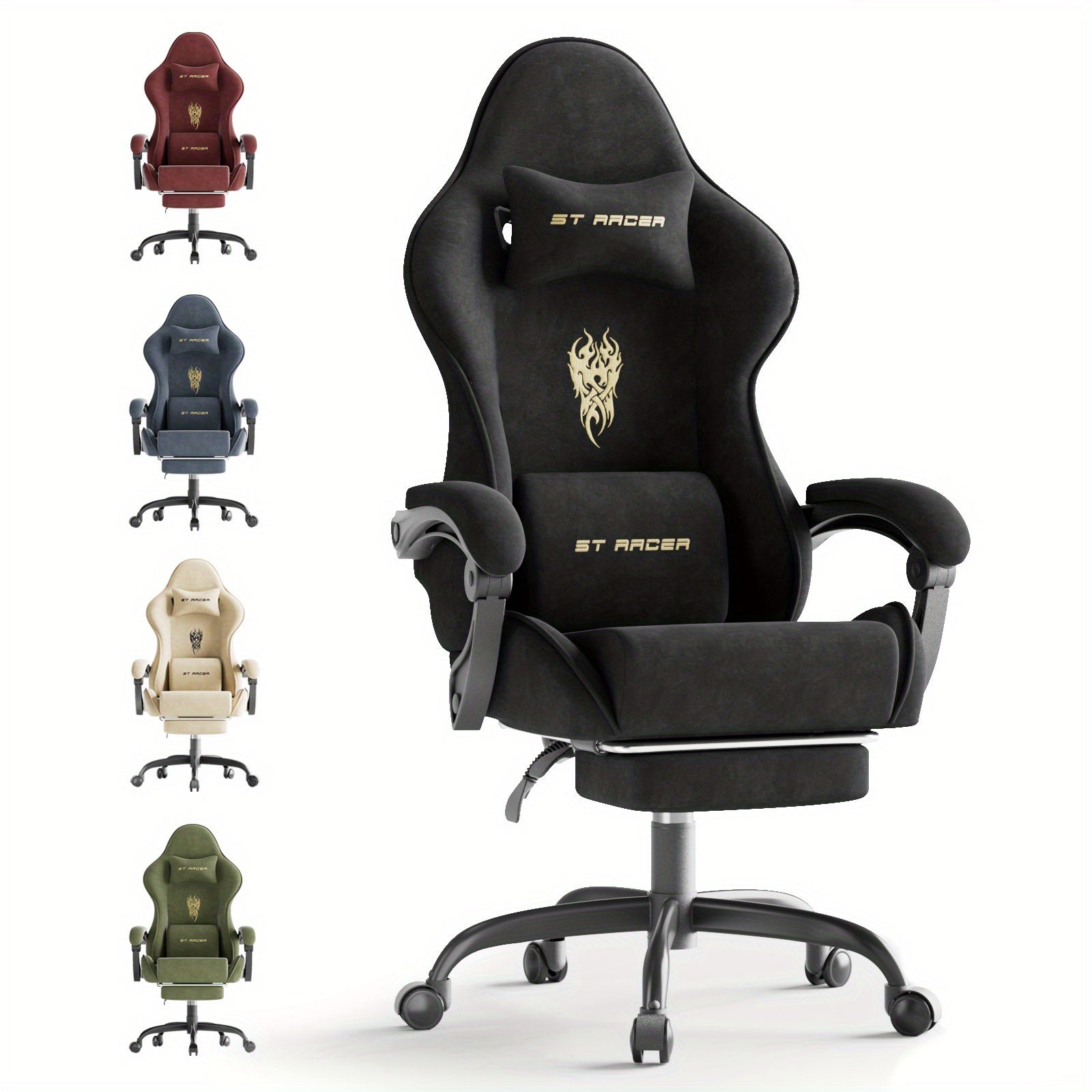 STRACER Velvet Fabric Gaming Chair With Footrest High Back Ergonomic Gamer Chair With Headrest And Massage Lumbar Cushion Racing Reclining Video Game Chair