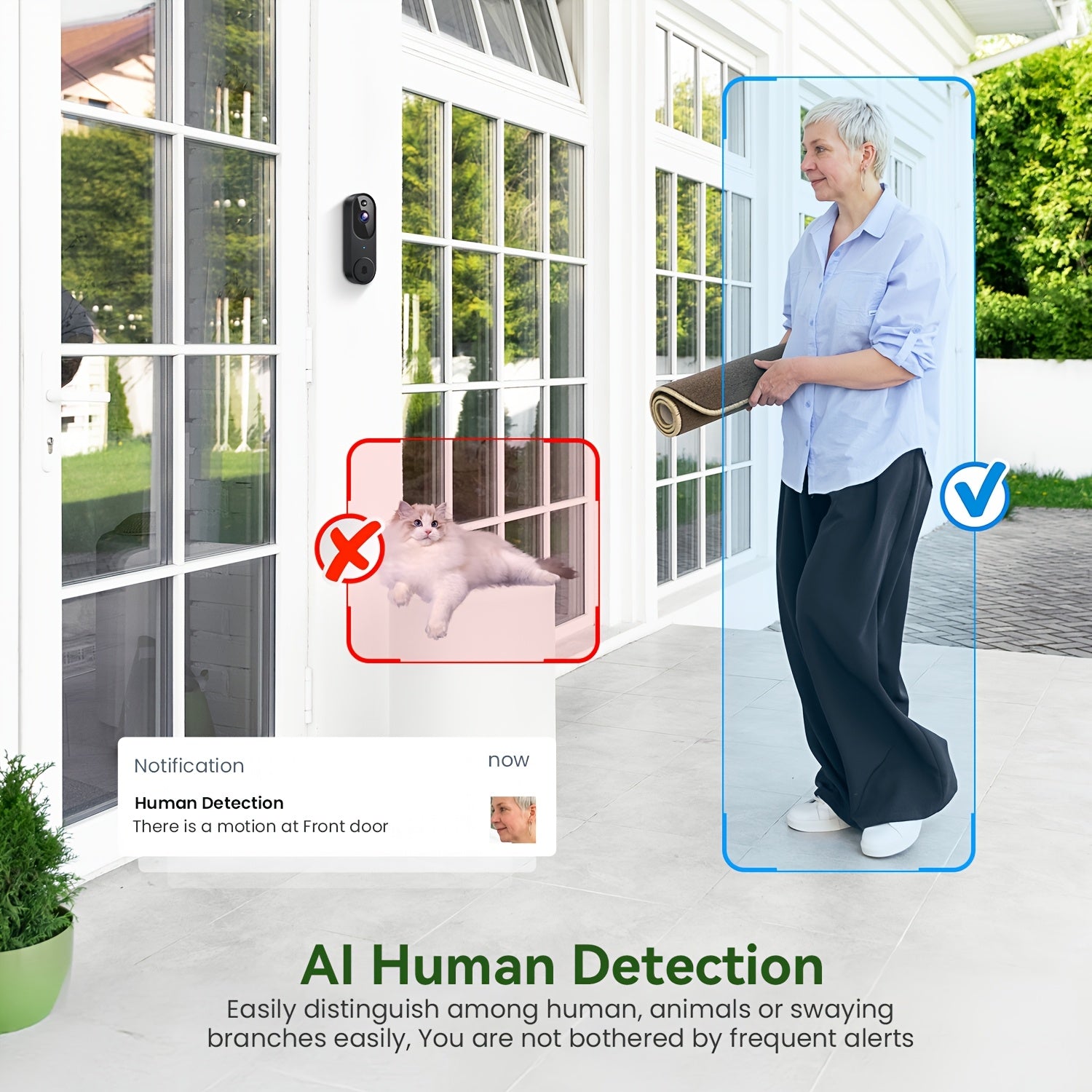 1080P Smart Wireless Video Doorbell Camera With Chime, Night Vision, Real-Time Alerts, AI Human Detection, 2.4G WiFi, Two-Way Talk, Cloud Storage, Battery Rechargeable