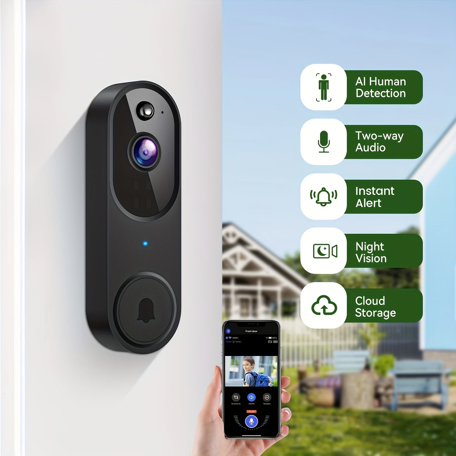 1080P Smart Wireless Video Doorbell Camera With Chime, Night Vision, Real-Time Alerts, AI Human Detection, 2.4G WiFi, Two-Way Talk, Cloud Storage, Battery Rechargeable