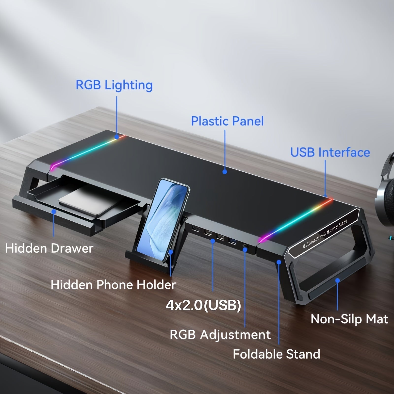 Essential For The Start Of School Season 1pc ICE COOREL Computer Monitor Height Stand (4 Ports), A Multi-functional Foldable Office Desktop Stand With RGB Lighting For Mini PC, And A Bottom That Can Store A Mouse And Keyboard