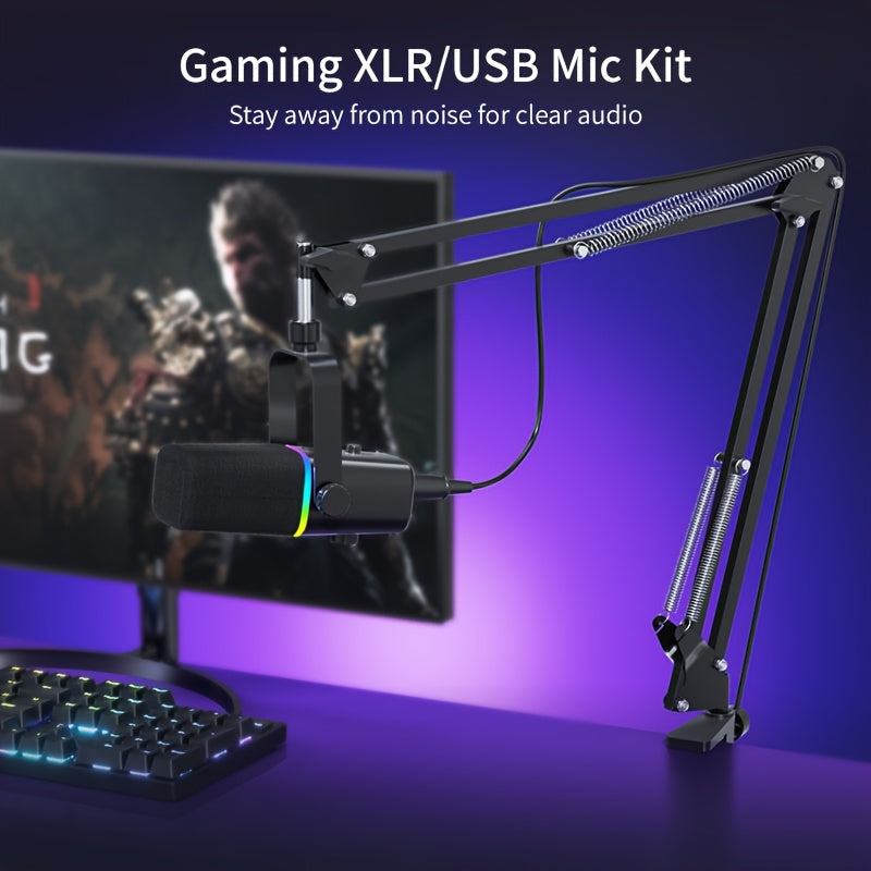 ZealSound XLR/USB Dynamic Microphone for Gaming & Podcasting – Black with RGB Light, Mute Button, Mic Gain Control, Headphones Jack, Boom Arm Stand, 8 Pin Adapter Included – Perfect for Streaming, Singing, Video Conferencing
