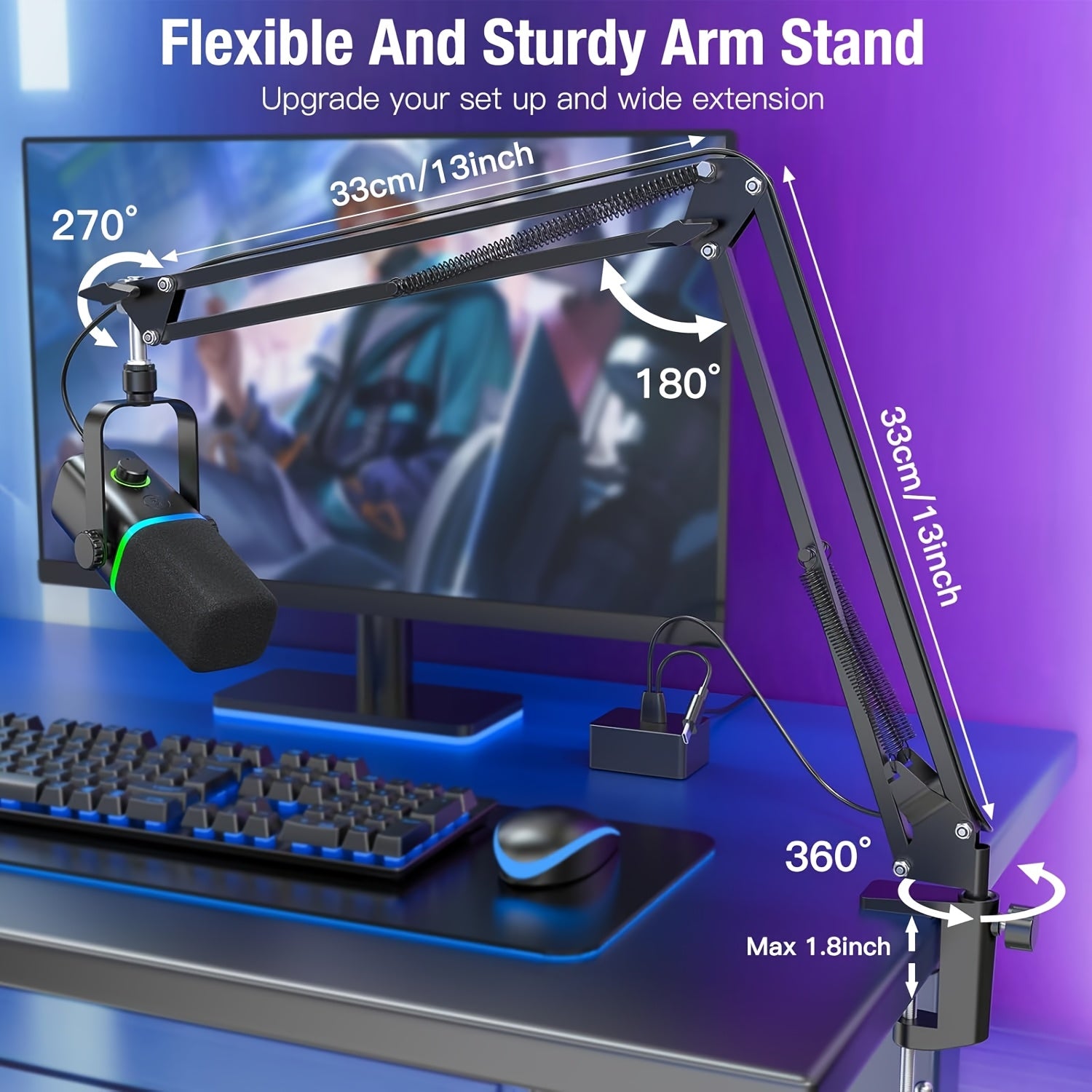 ZealSound XLR/USB Dynamic Microphone for Gaming & Podcasting – Black with RGB Light, Mute Button, Mic Gain Control, Headphones Jack, Boom Arm Stand, 8 Pin Adapter Included – Perfect for Streaming, Singing, Video Conferencing