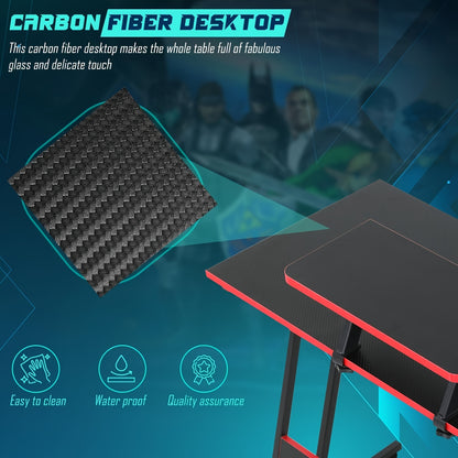 51 Inch Gaming Desk L Shaped Desk Corner Computer Desk Black Pink Desk with Large Monitor Stand Carbon Fiber Surface, Modern Design Suitable for Office And Workspace, Game Room