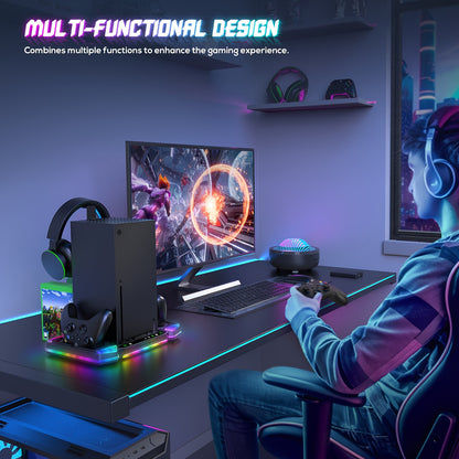 Cooling Stand Charging Station For Xbox Series X Console And Controller, Cooling Fan Charger Dock Accessory For Xbox Series X With 11 RGB Lighting Modes, Game Storage