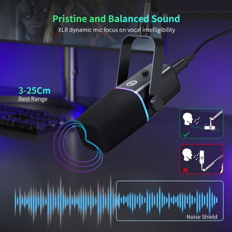 ZealSound XLR/USB Dynamic Microphone for Gaming &amp; Podcasting – Black with RGB Light, Mute Button, Mic Gain Control, Headphones Jack, Boom Arm Stand, 8 Pin Adapter Included – Perfect for Streaming, Singing, Video Conferencing