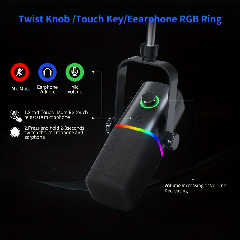 ZealSound XLR/USB Dynamic Microphone for Gaming &amp; Podcasting – Black with RGB Light, Mute Button, Mic Gain Control, Headphones Jack, Boom Arm Stand, 8 Pin Adapter Included – Perfect for Streaming, Singing, Video Conferencing