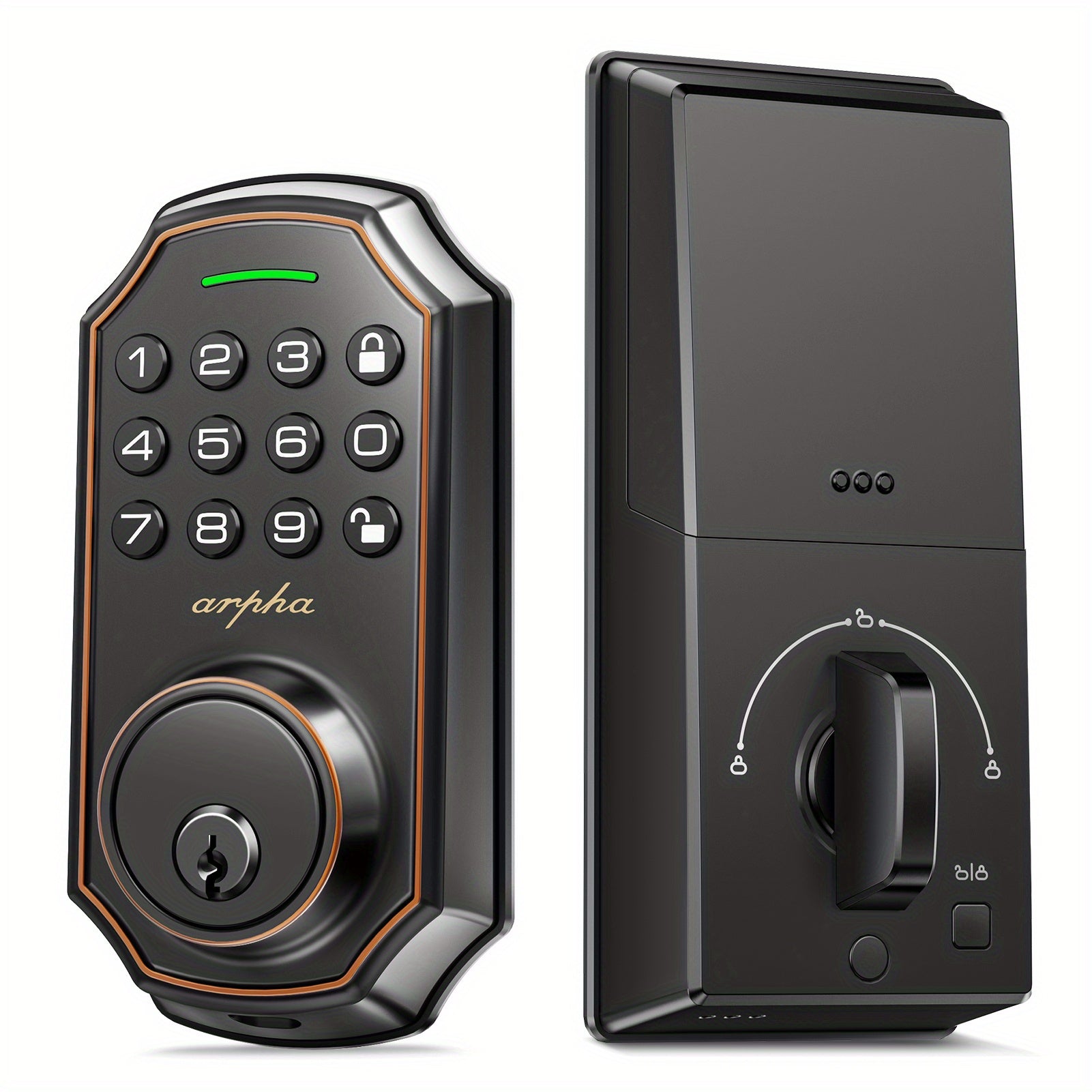 Arpha Smart Keyless Entry Door Lock - 100 Code Anti-Peek Combination, Auto Lock/Unlock, Easy Installation, Black &amp; Orange, Low Battery Alarm, for Secure Home Access, Anti-Peeking, Smart Door Lock, One Touch Lock, Strong and H