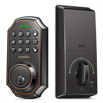 Arpha Smart Keyless Entry Door Lock - 100 Code Anti-Peek Combination, Auto Lock/Unlock, Easy Installation, Black & Orange, Low Battery Alarm, for Secure Home Access, Anti-Peeking, Smart Door Lock, One Touch Lock, Strong and H