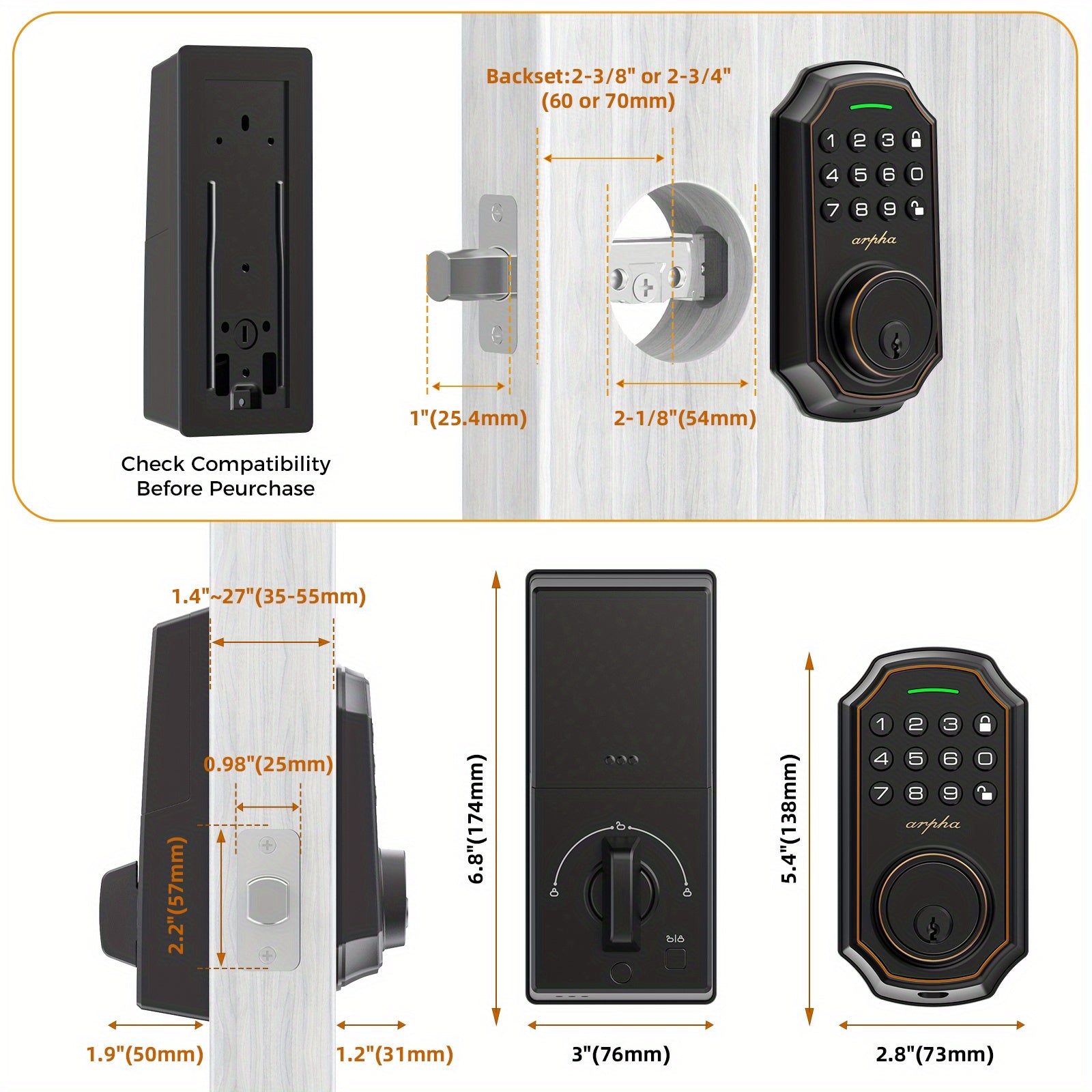 Arpha Smart Keyless Entry Door Lock - 100 Code Anti-Peek Combination, Auto Lock/Unlock, Easy Installation, Black &amp; Orange, Low Battery Alarm, for Secure Home Access, Anti-Peeking, Smart Door Lock, One Touch Lock, Strong and H