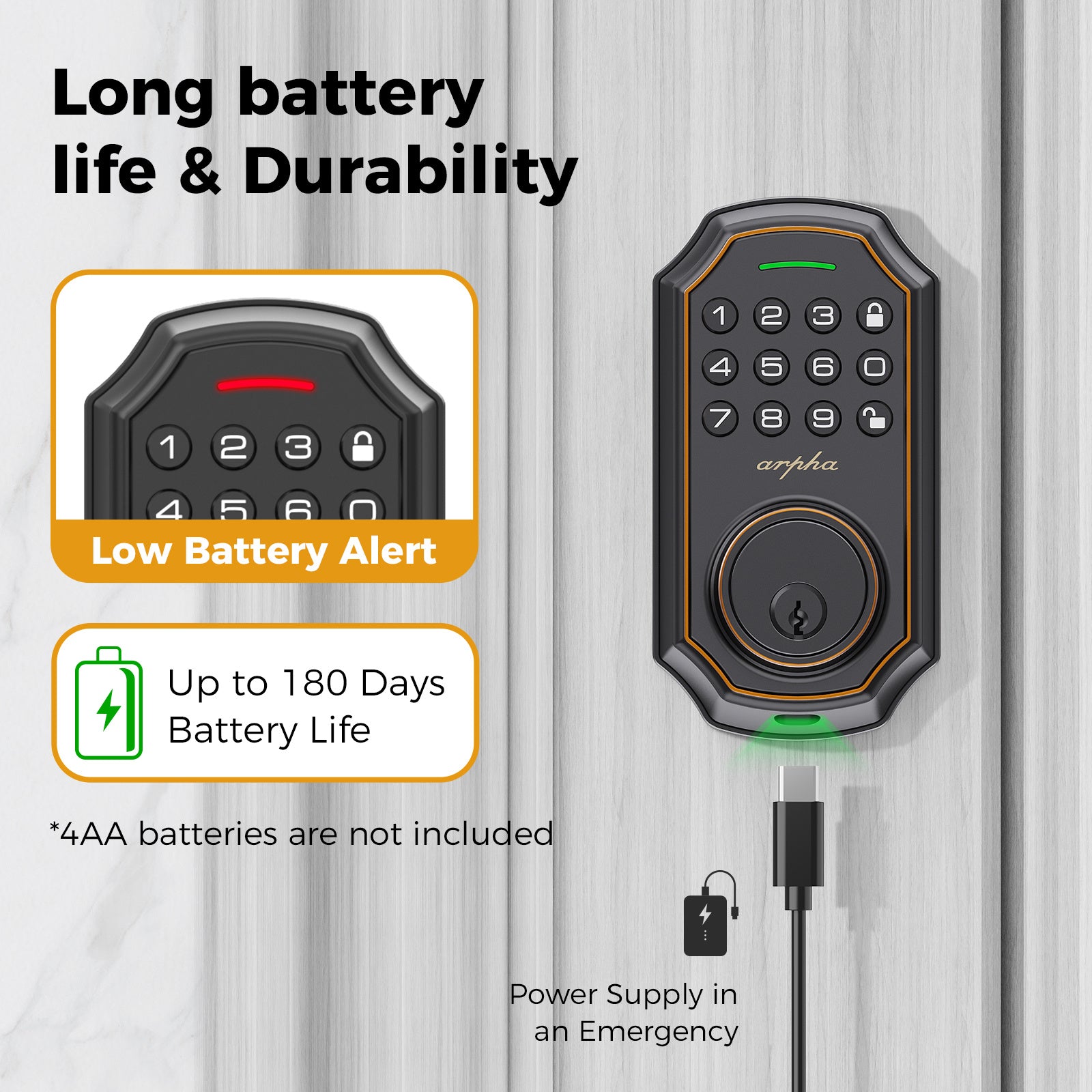 Arpha Smart Keyless Entry Door Lock - 100 Code Anti-Peek Combination, Auto Lock/Unlock, Easy Installation, Black & Orange, Low Battery Alarm, for Secure Home Access, Anti-Peeking, Smart Door Lock, One Touch Lock, Strong and H