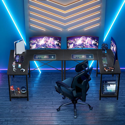 Office Shared Space 50Inch L Shaped Computer Desk - Gaming Table Corner Desk PC Writing Desk Study Desks with Wooden Desktop CPU Stand Side Bag Reversible for Home Office Dorm Small Space