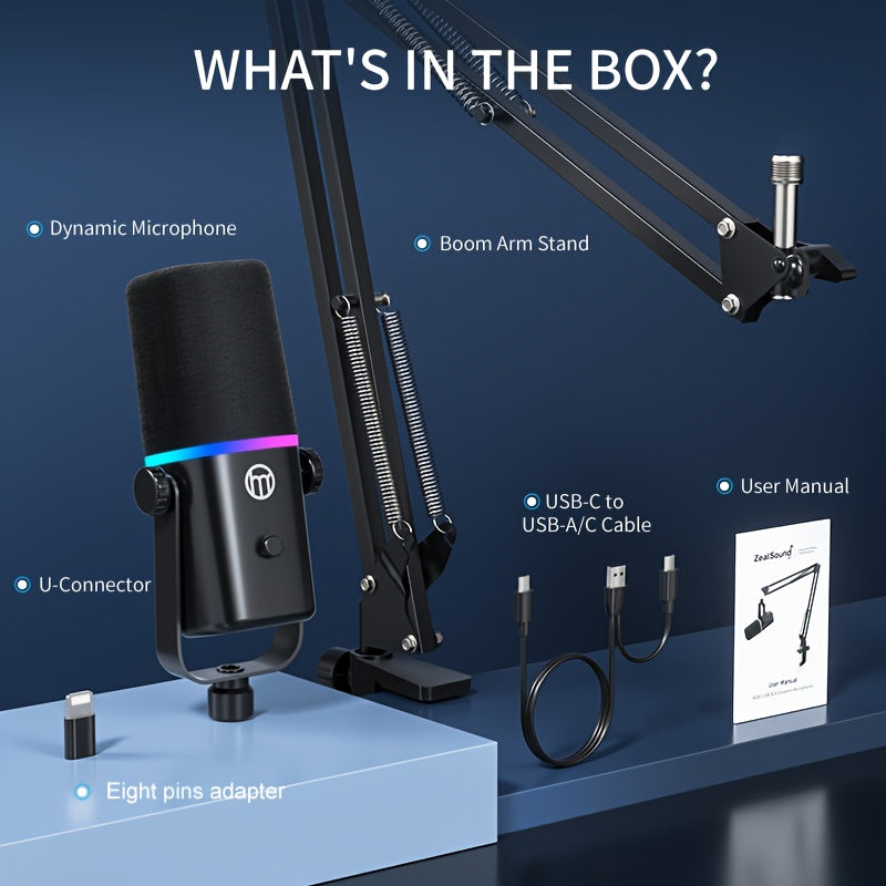 ZealSound XLR/USB Dynamic Microphone for Gaming &amp; Podcasting – Black with RGB Light, Mute Button, Mic Gain Control, Headphones Jack, Boom Arm Stand, 8 Pin Adapter Included – Perfect for Streaming, Singing, Video Conferencing
