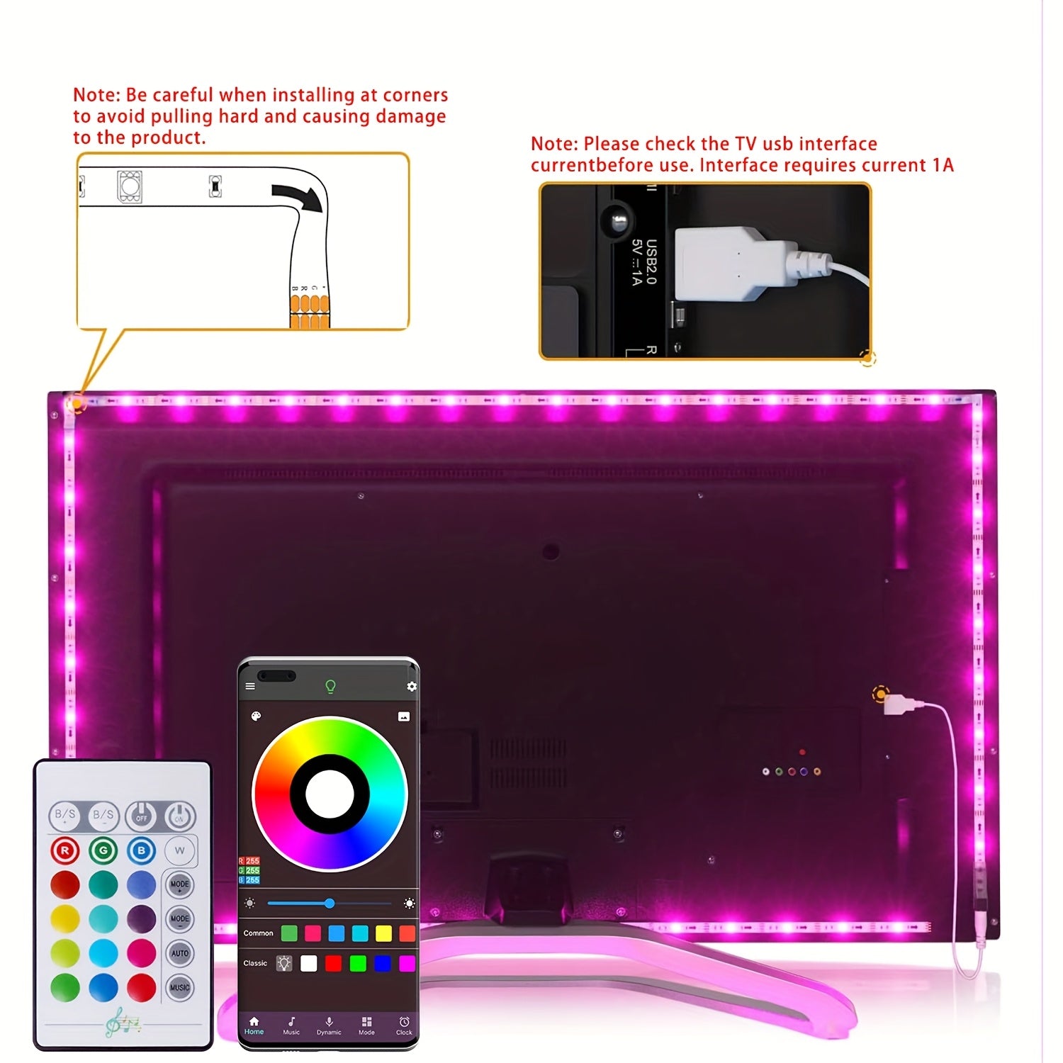 HBOWMDJIA Smart LED Strip Lights with Music Sync RGB Color Changing, App & Remote Control, USB-Powered RGB LED Lights for TV Backlight, Home Theater, Party Decorations - Compatible with Alexa/Google Assistant, Easyinstall Str