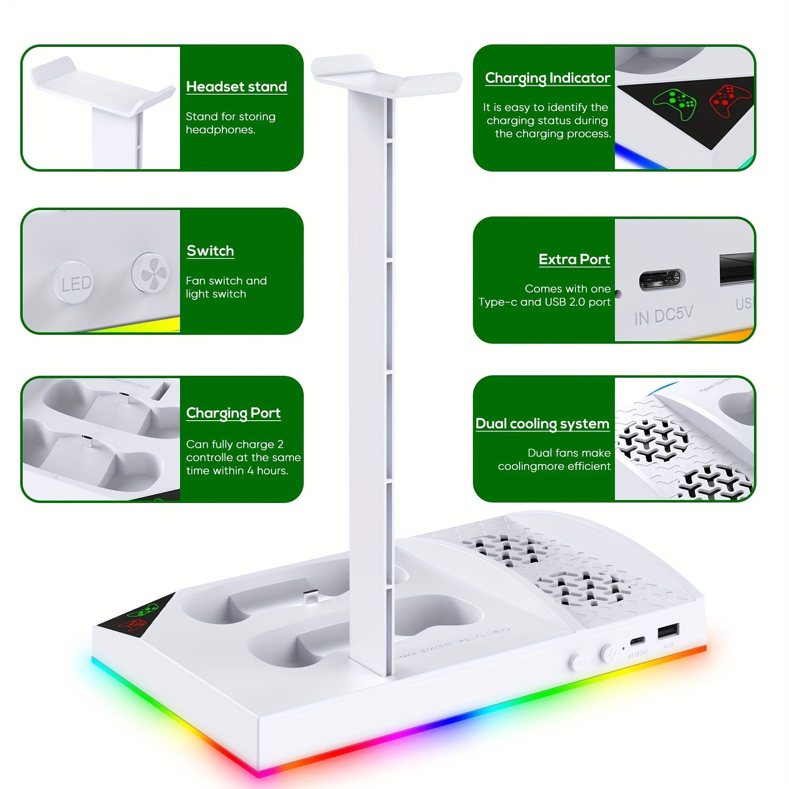 Upgrade RGB Cooling Fan Stand for Xbox Series S Console - 15 Colorful Lights, Dual Controller Charging Station & Cooler Base System - For Xbox Series S - With 2 * 1400mAh Rechargeable Battery - Perfect Gift for Gamers
