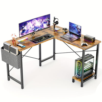 Office Shared Space 50Inch L Shaped Computer Desk - Gaming Table Corner Desk PC Writing Desk Study Desks with Wooden Desktop CPU Stand Side Bag Reversible for Home Office Dorm Small Space