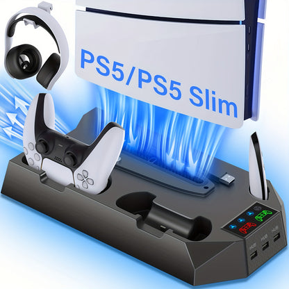 Cooling Station for PS5, Controller Charging Station for Playsation 5 Slim/ PS5 Pro/&Standard Disc/Digital Console, PS5 Accessories Incl. Controller Charger/Turbo Fan/3 USB Hub/Headset Holder, Christmas Gift, USB Length 19 In