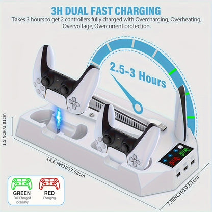 Cooling Station for PS5, Controller Charging Station for Playsation 5 Slim/ PS5 Pro/&Standard Disc/Digital Console, PS5 Accessories Incl. Controller Charger/Turbo Fan/3 USB Hub/Headset Holder, Christmas Gift, USB Length 19 In