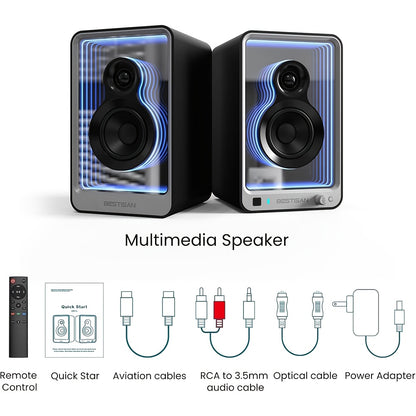 BESTISAN SR15 BT Bookshelf Home Speakers, Active Stereo Speakers for TV/Record Player with Subwoofer Out and Light Effects, Turntable Speakers with Optical/ARC/RCA Inputs for PC and TVs