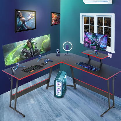 51 Inch Gaming Desk L Shaped Desk Corner Computer Desk Black Pink Desk with Large Monitor Stand Carbon Fiber Surface, Modern Design Suitable for Office And Workspace, Game Room