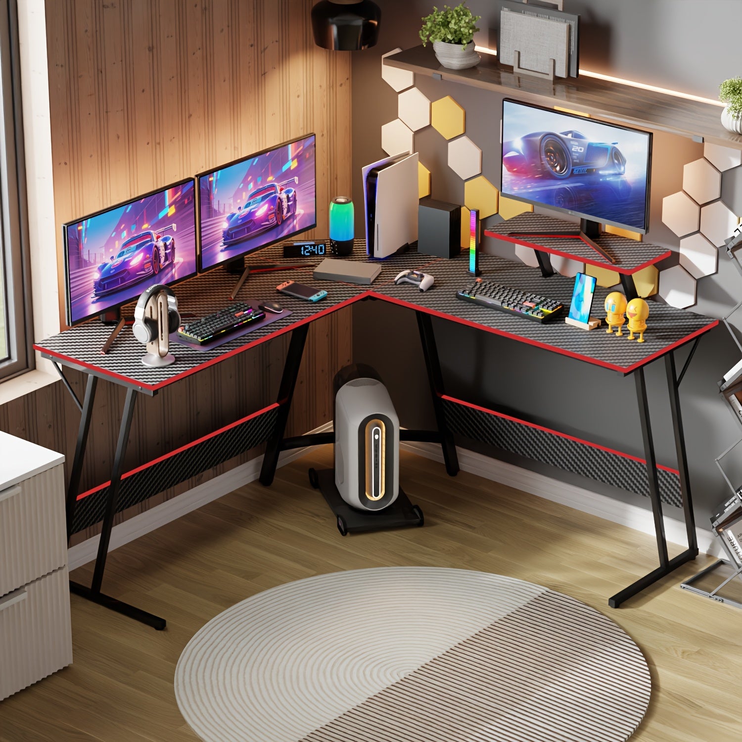 51 Inch Gaming Desk L Shaped Desk Corner Computer Desk Black Pink Desk with Large Monitor Stand Carbon Fiber Surface, Modern Design Suitable for Office And Workspace, Game Room