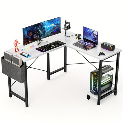 Office Shared Space 50Inch L Shaped Computer Desk - Gaming Table Corner Desk PC Writing Desk Study Desks with Wooden Desktop CPU Stand Side Bag Reversible for Home Office Dorm Small Space