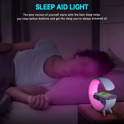 Wireless Speakers with Wireless Fast Charging, Bar Smart Light, Sunrise Alarm Clock, Wake Up Light for Bedrooms, Energize Your Mornings: Smart RGB Speaker Lamp with Sunrise Alarm & Fast Wireless Charging -