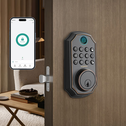 Arpha Smart Keyless Entry Door Lock - 100 Code Anti-Peek Combination, Auto Lock/Unlock, Easy Installation, Black & Orange, Low Battery Alarm, for Secure Home Access, Anti-Peeking, Smart Door Lock, One Touch Lock, Strong and H