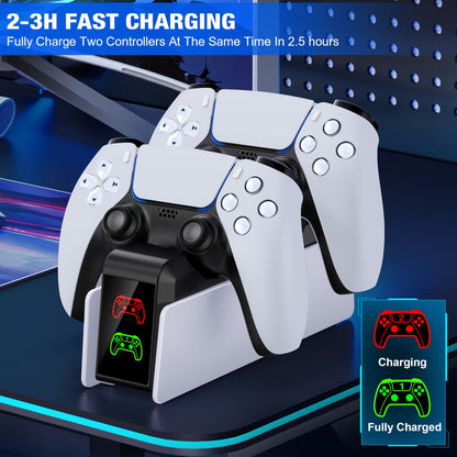 PS5 Dualsense Controller Charger Station with Fast Charging (Over-Charge/Short-Circuit Protection, Smart Chip) - Dual Stand Organizer Dock, LED Lighting - Compatible with PS5 Dualsense Controllers - Birthday/Holiday/Halloween