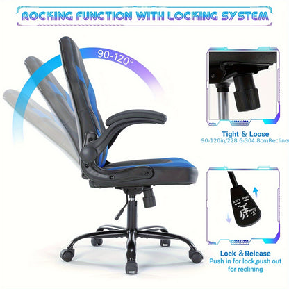 Ergonomic Computer Gaming Chair, Home Office Desk Chair with Faux Leather Lumbar Support, Height Adjustable Gaming Chair, Big and Tall Video Game with Flip-up Armrest, Swivel Wheels for Adults and Teens