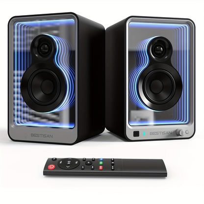 BESTISAN SR15 BT Bookshelf Home Speakers, Active Stereo Speakers for TV/Record Player with Subwoofer Out and Light Effects, Turntable Speakers with Optical/ARC/RCA Inputs for PC and TVs